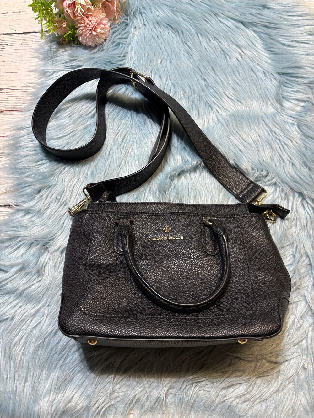 Nanette Lepore Black Pebbled Leather Satchel Gold Hardware and Detachable Strap - Picture 1 of 9